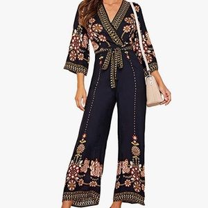 Verdusa Women's Floral High Waist Belted Wrap Wide Leg Jumpsuit Culotte